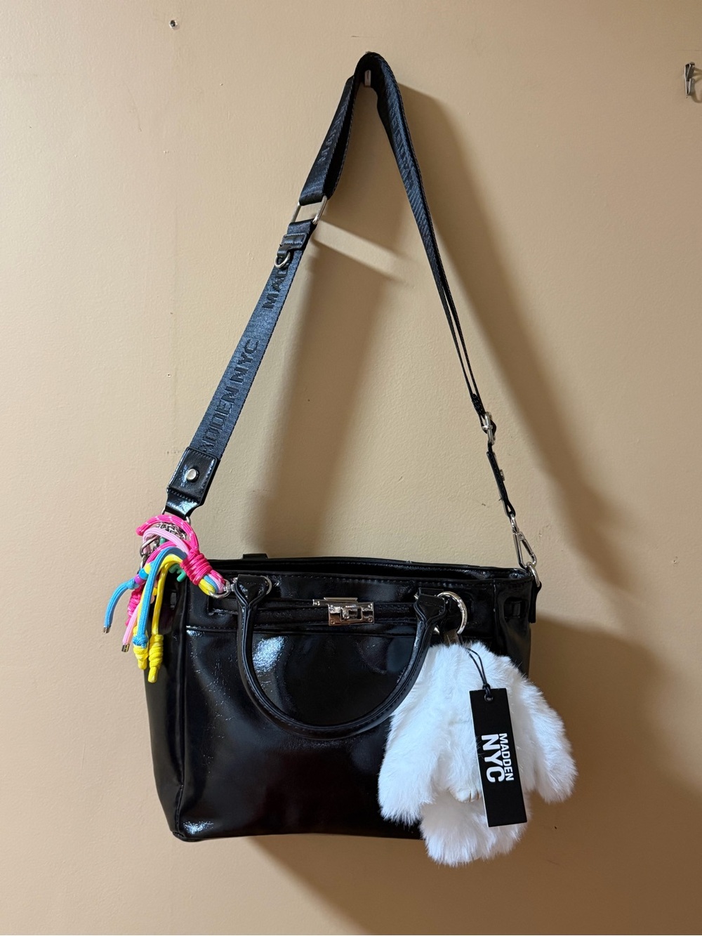 Madden NYC Black Patent Shoulder Tote Bag with Plush Charm